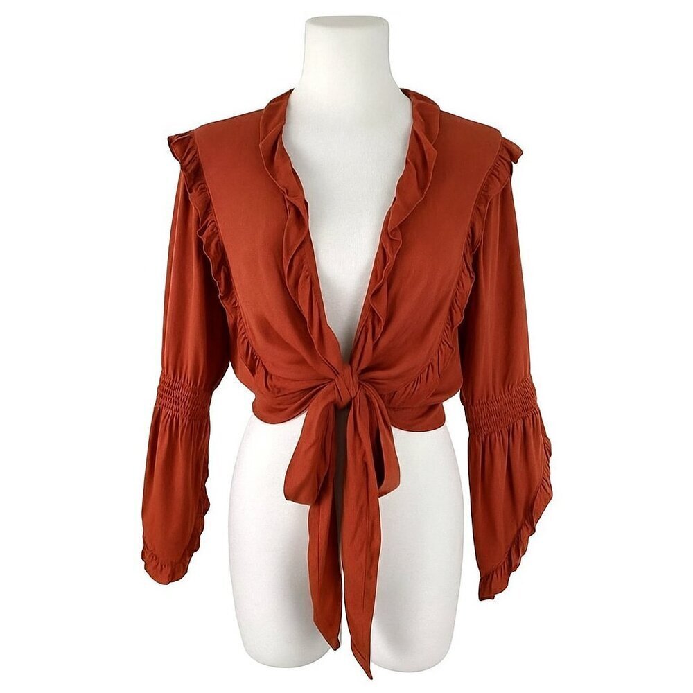 LUG VON SIGA Women’s Bianca Tie Top Ruffled Blouse Size 38 Rust/Coral Color